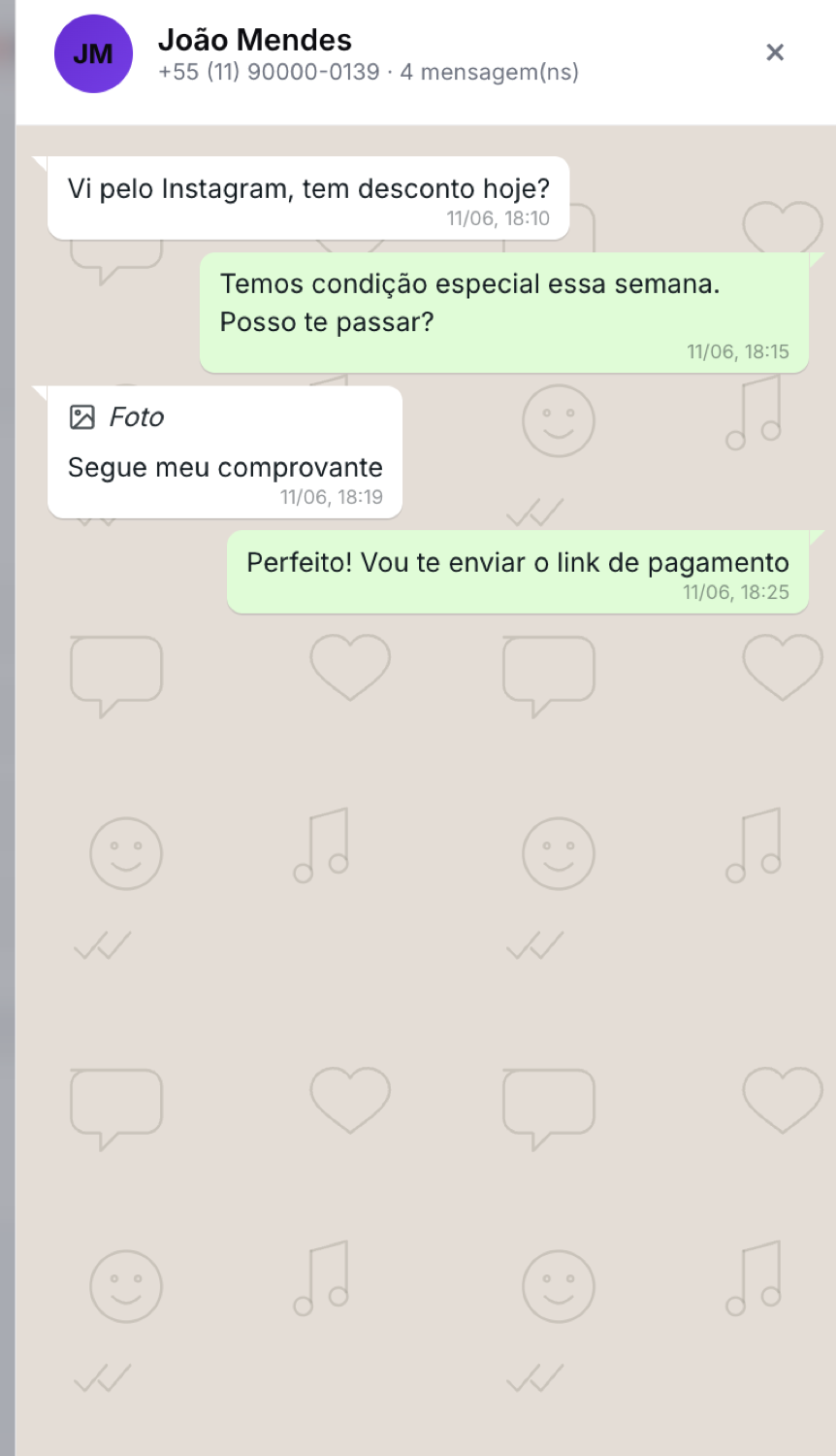 Conversa do WhatsApp dentro do Hovedo, com identificação de foto e mensagem de voz